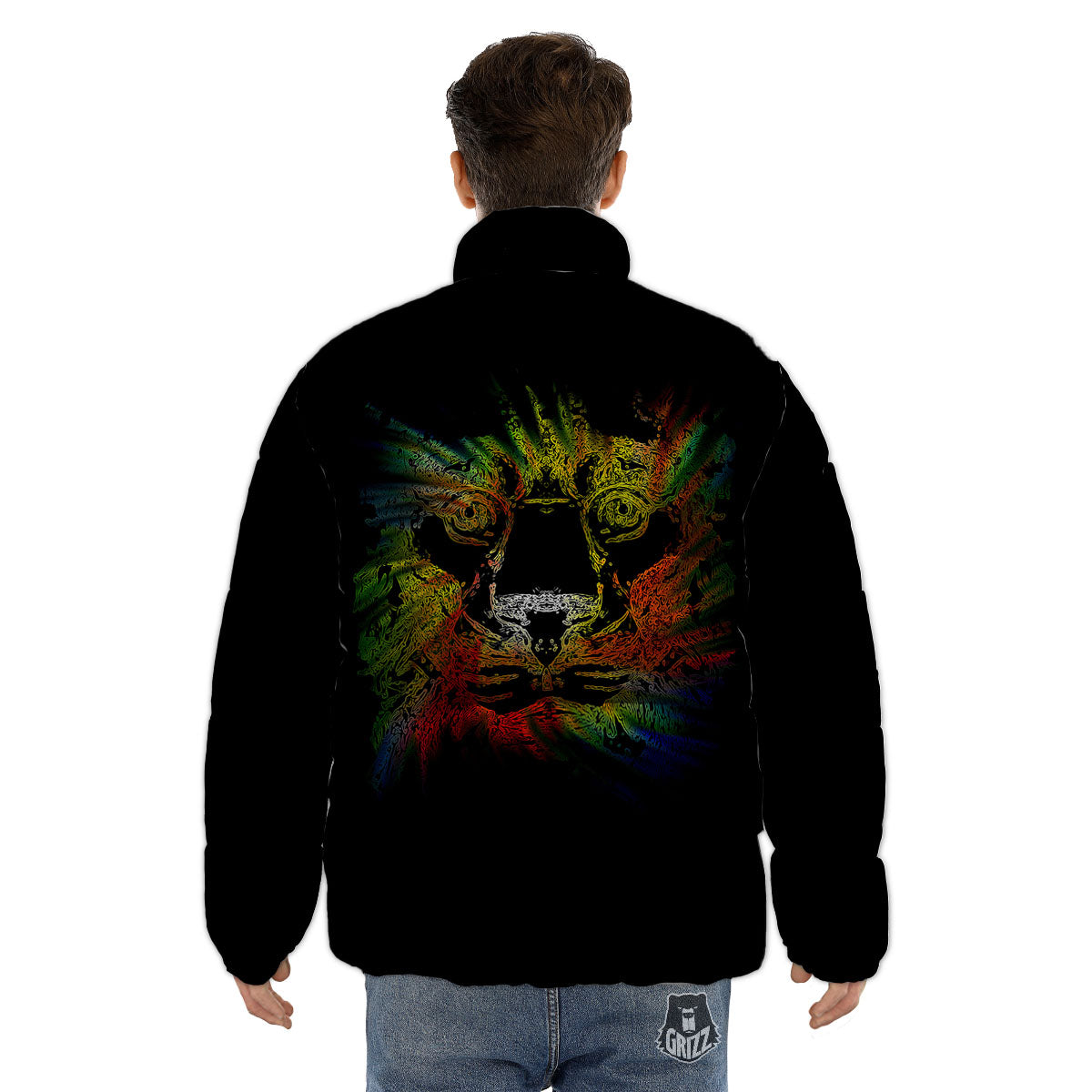 Rasta Lion Grunge Print Puffer Jacket-grizzshop