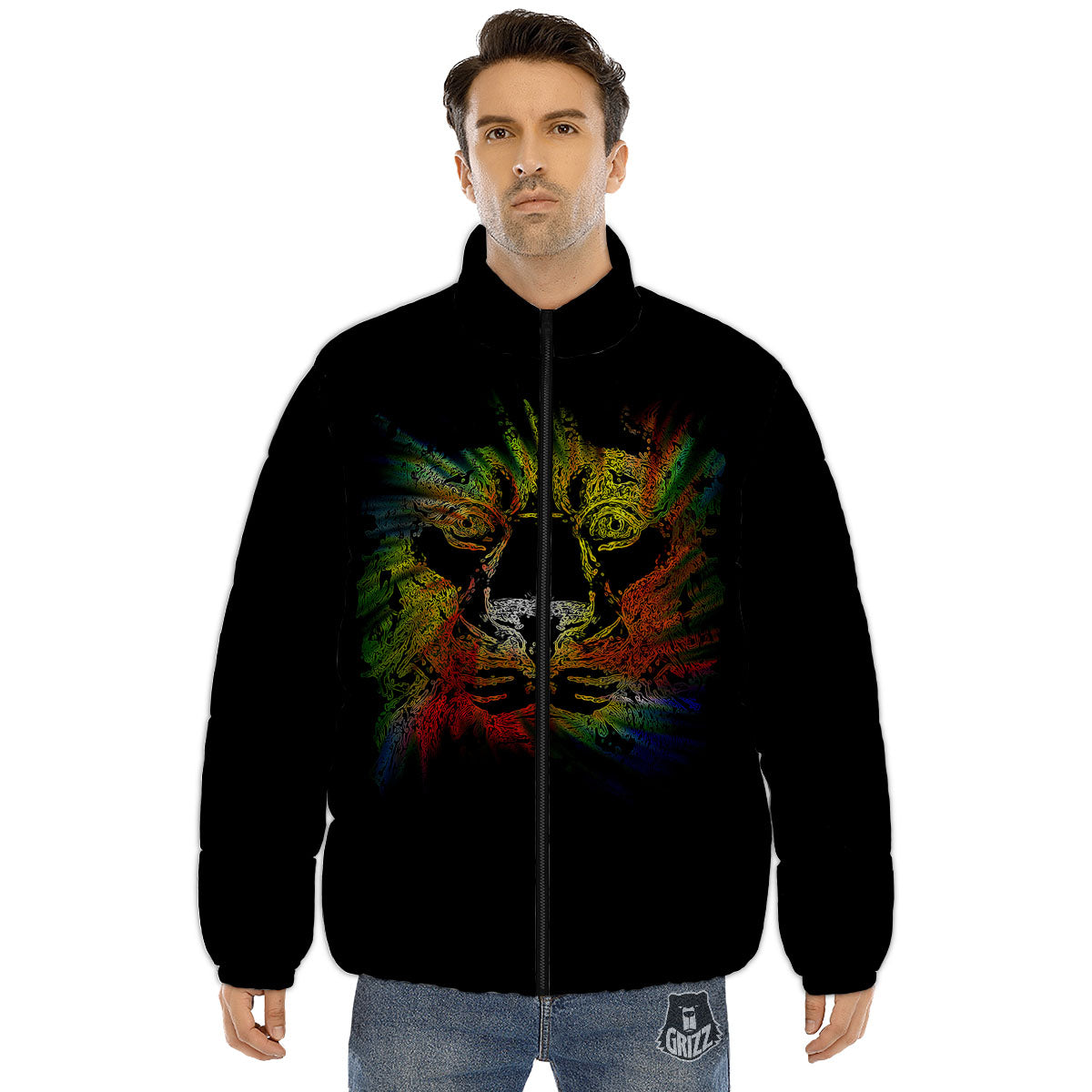 Rasta Lion Grunge Print Puffer Jacket-grizzshop