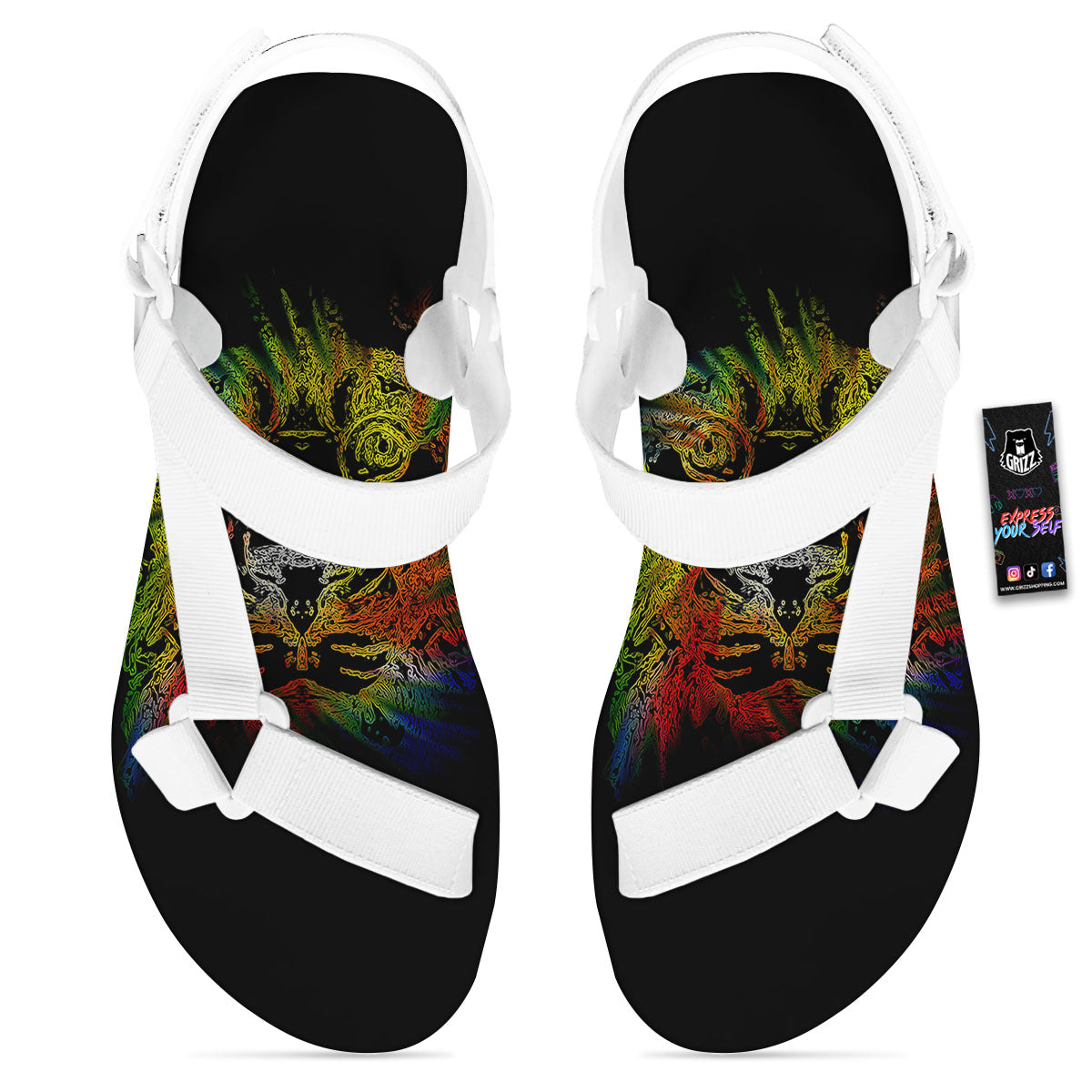 Rasta Lion Grunge Print White Open Toe Sandals-grizzshop