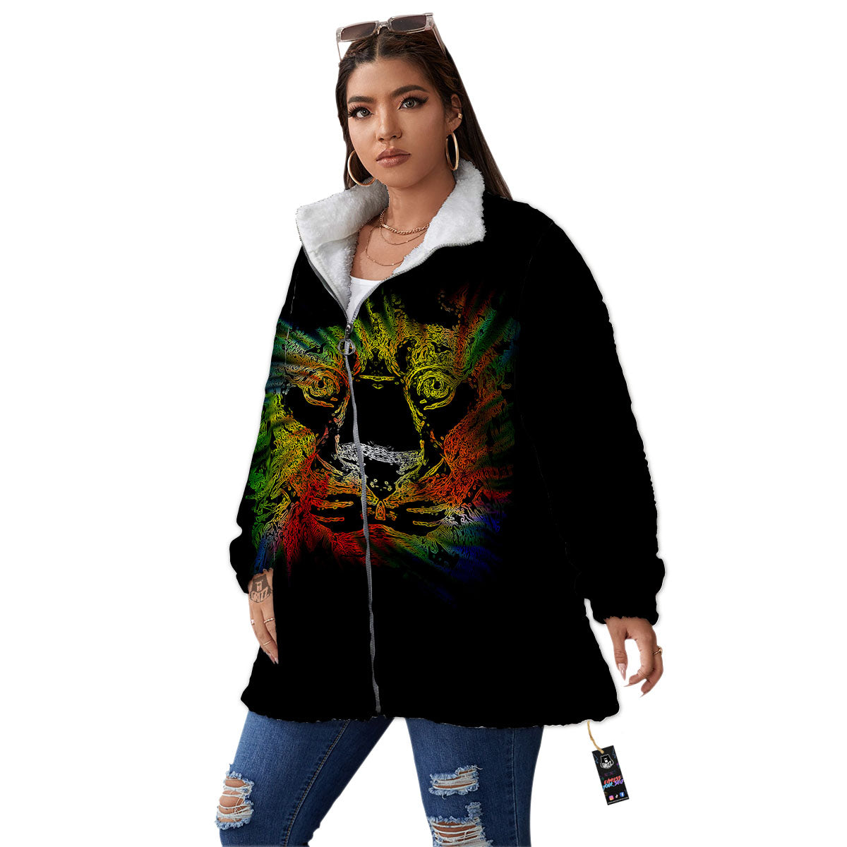 Rasta Lion Grunge Print Women's Sherpa Jacket-grizzshop
