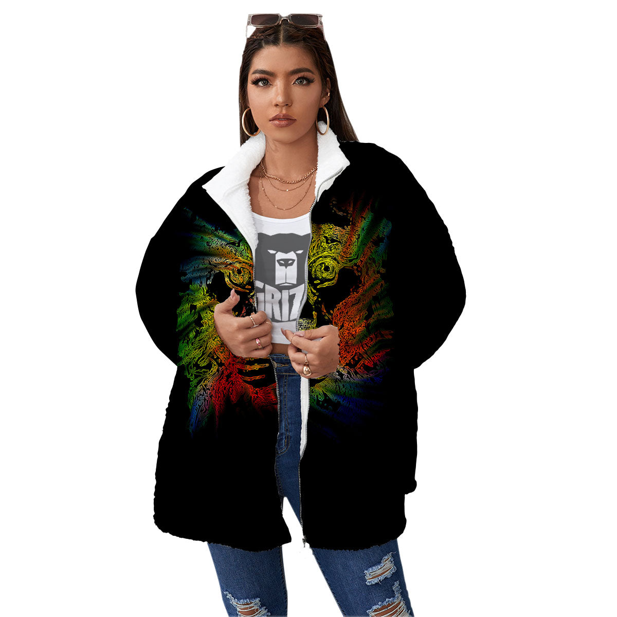 Rasta Lion Grunge Print Women's Sherpa Jacket-grizzshop