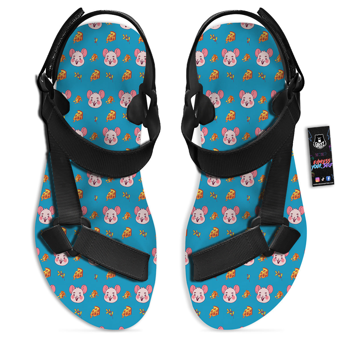 Rat Cute Print Pattern Black Open Toe Sandals-grizzshop