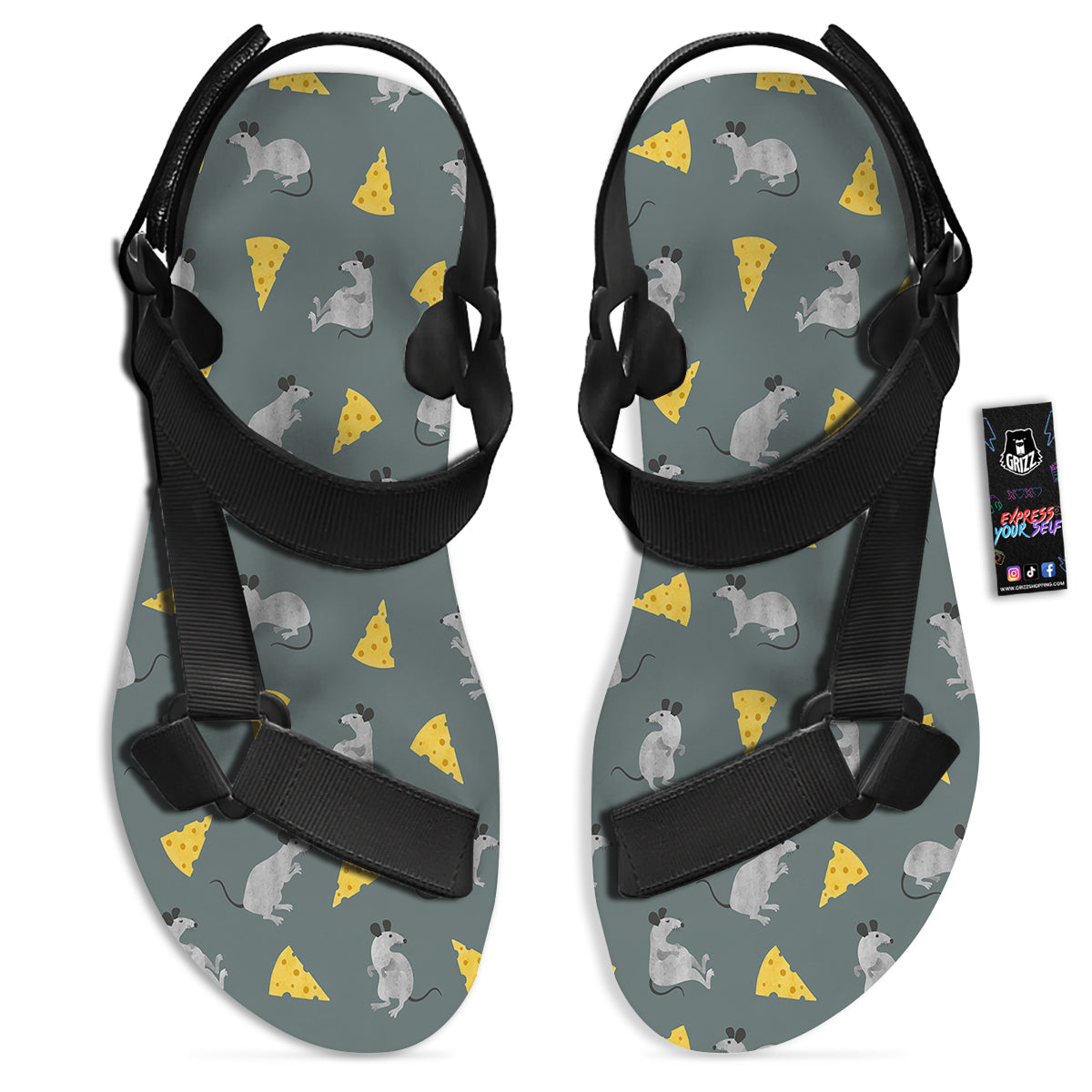 Rat Watercolor Print Pattern Black Open Toe Sandals-grizzshop