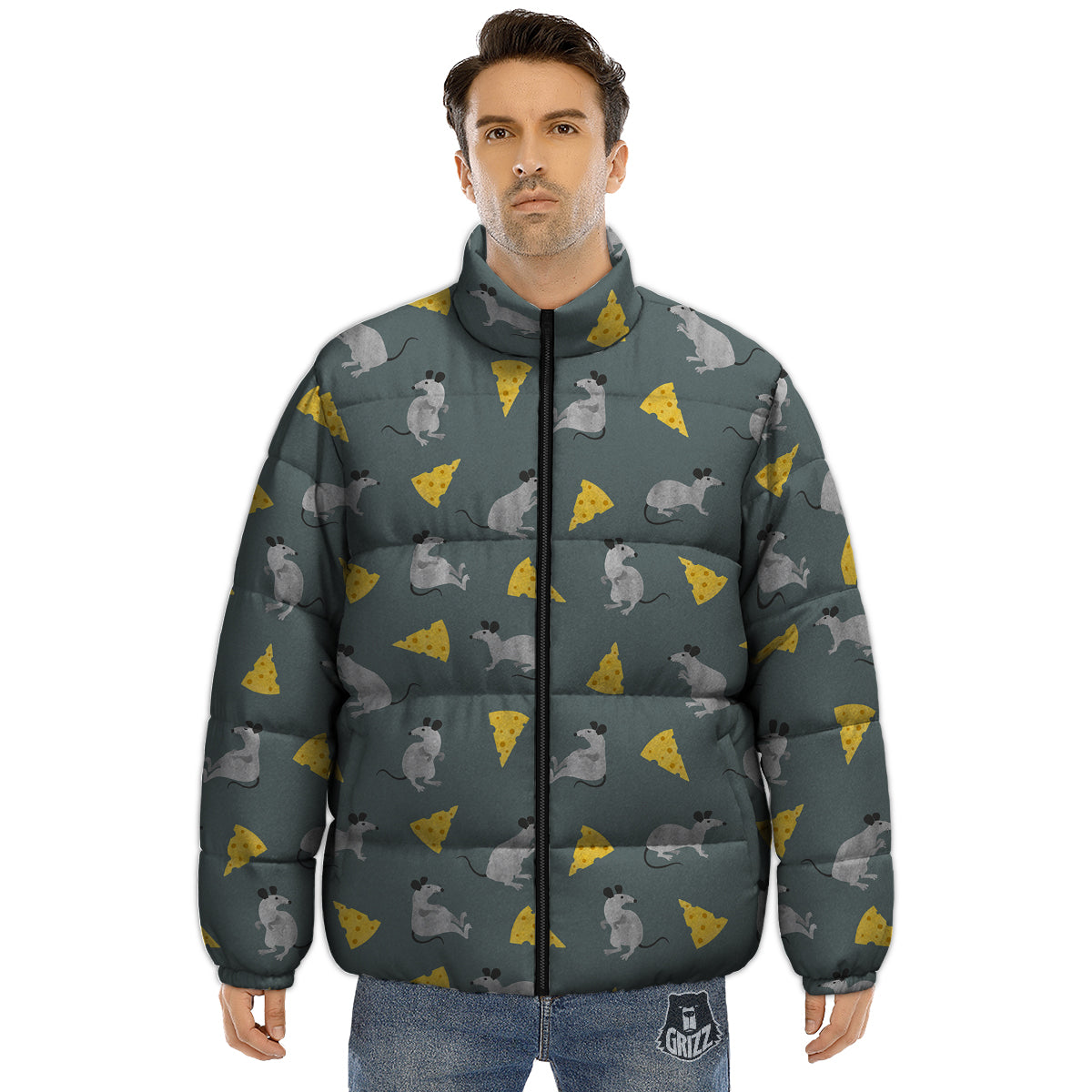 Rat Watercolor Print Pattern Puffer Jacket-grizzshop