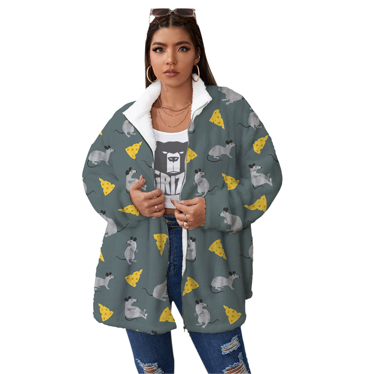 Rat Watercolor Print Pattern Women's Sherpa Jacket-grizzshop