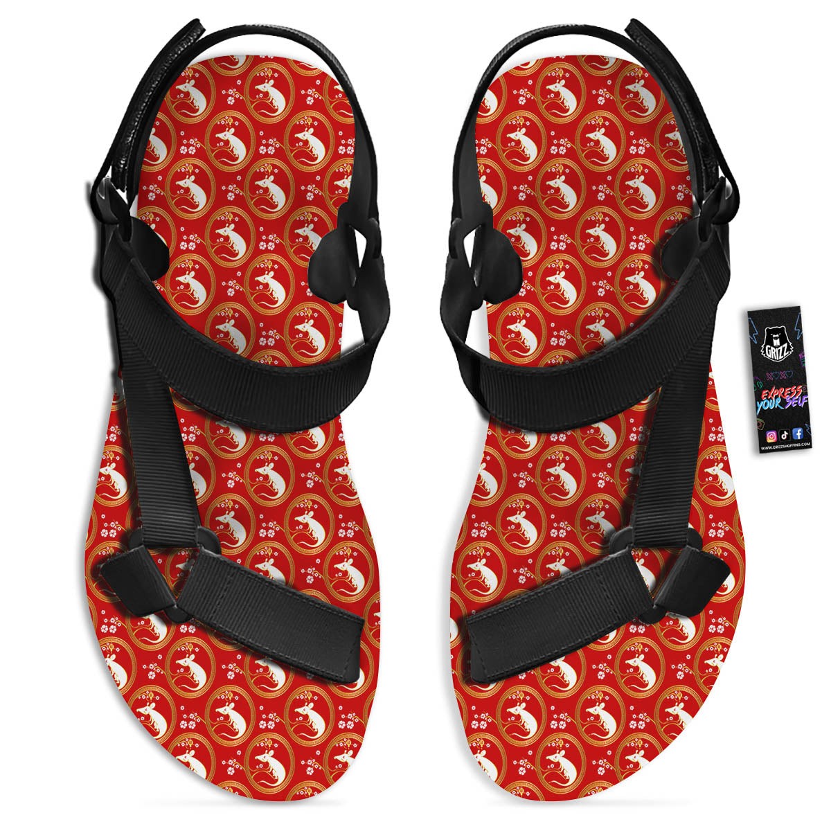 Rat Zodiac Chinese Print Pattern Black Open Toe Sandals-grizzshop