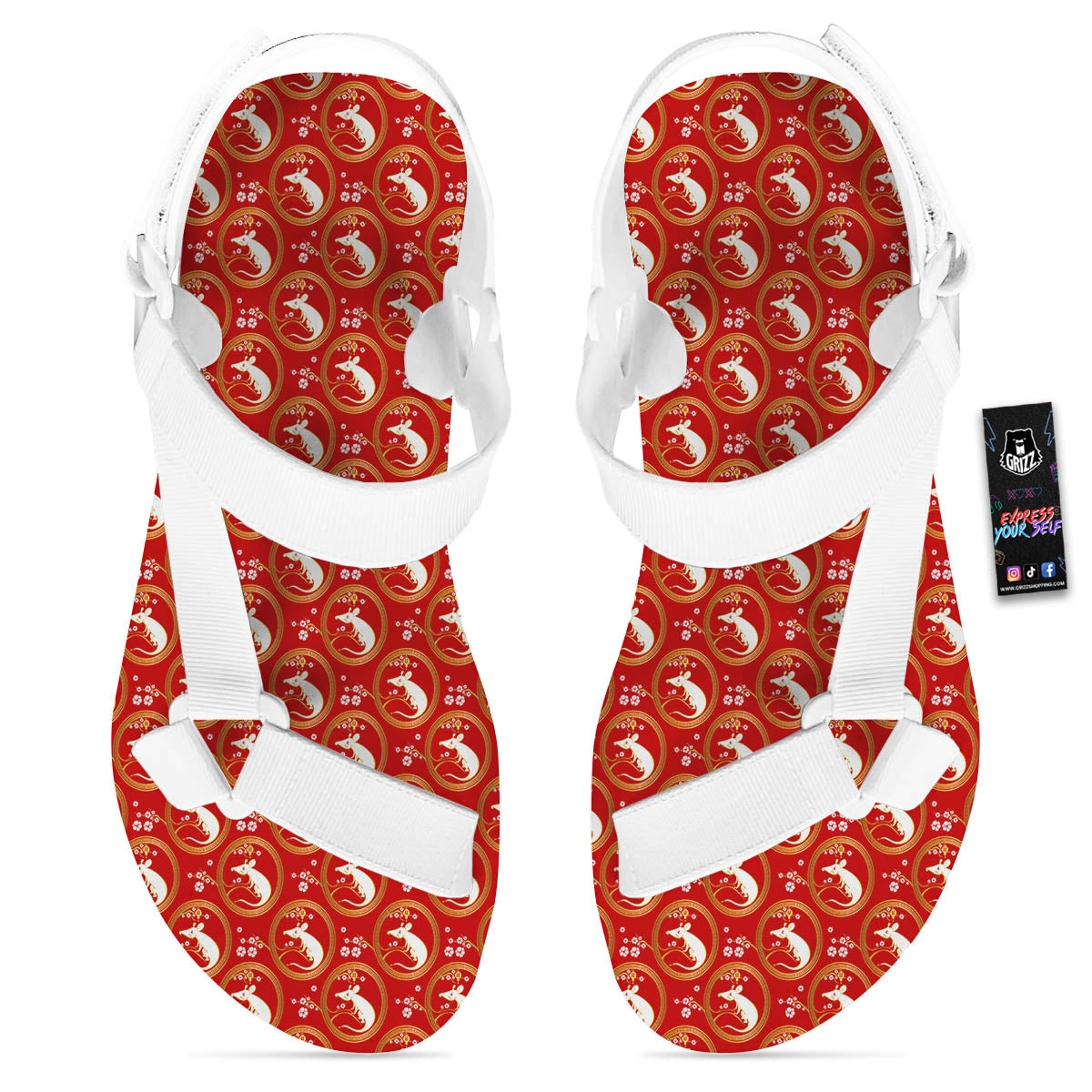 Rat Zodiac Chinese Print Pattern White Open Toe Sandals-grizzshop