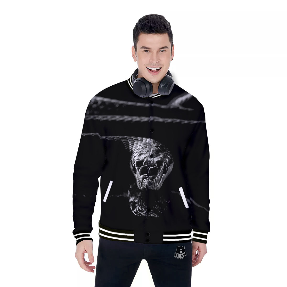 Ratsnake Rhinoceros Monochrome Print Baseball Jacket-grizzshop
