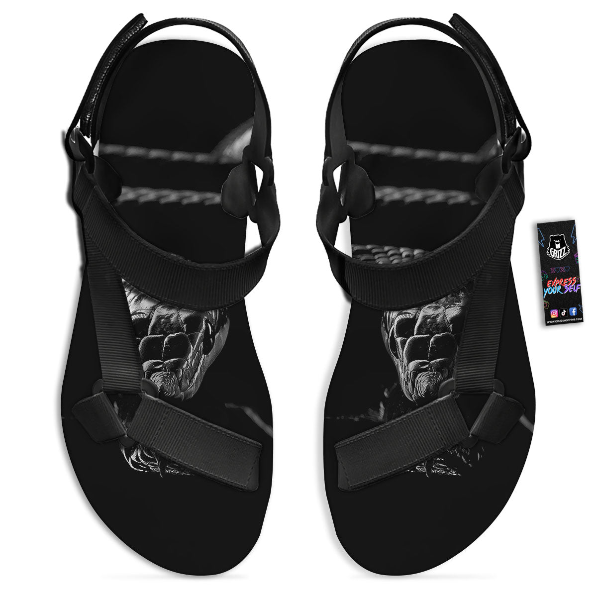 Ratsnake Rhinoceros Monochrome Print Black Open Toe Sandals-grizzshop