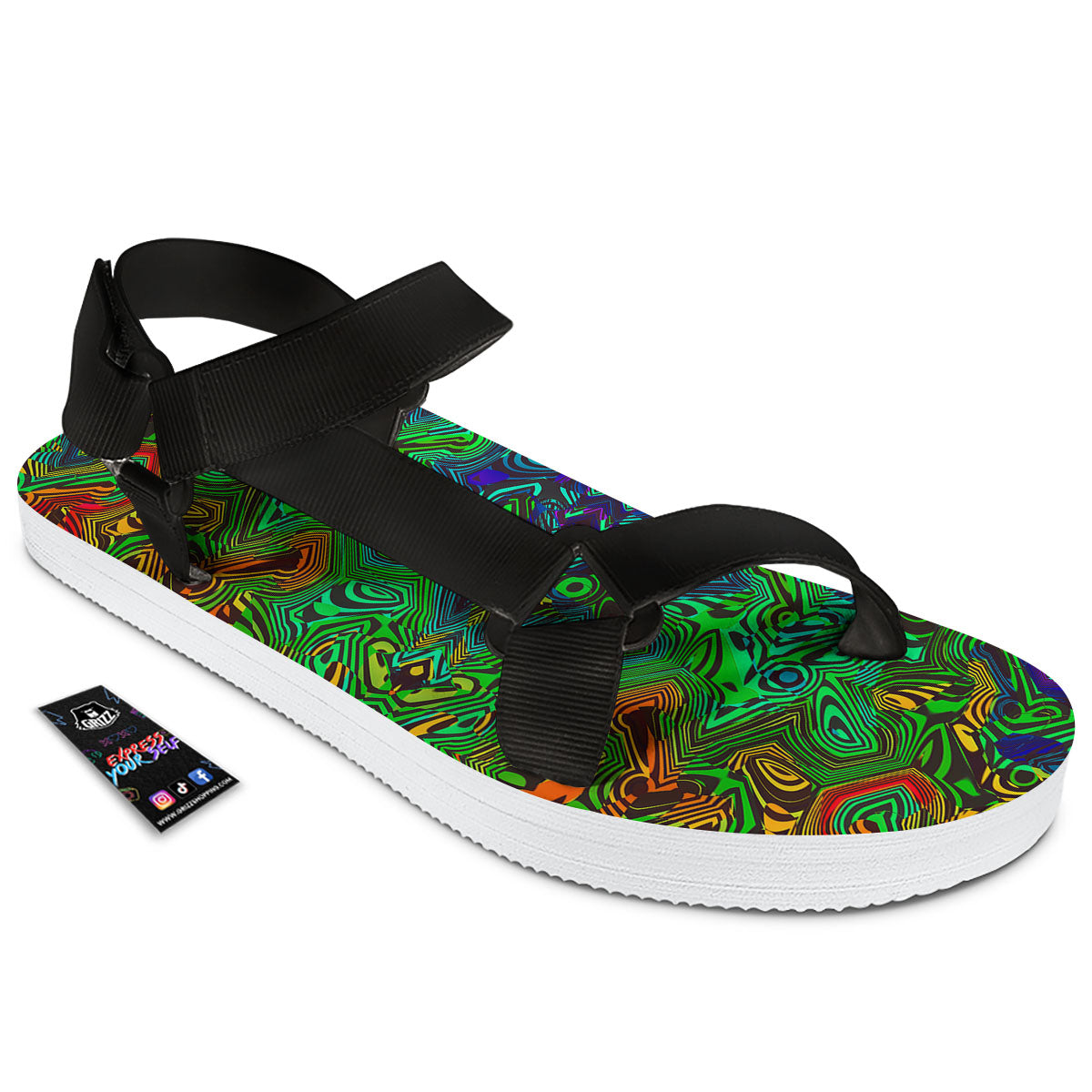 Rave Psychedelic Print Pattern Black Open Toe Sandals-grizzshop