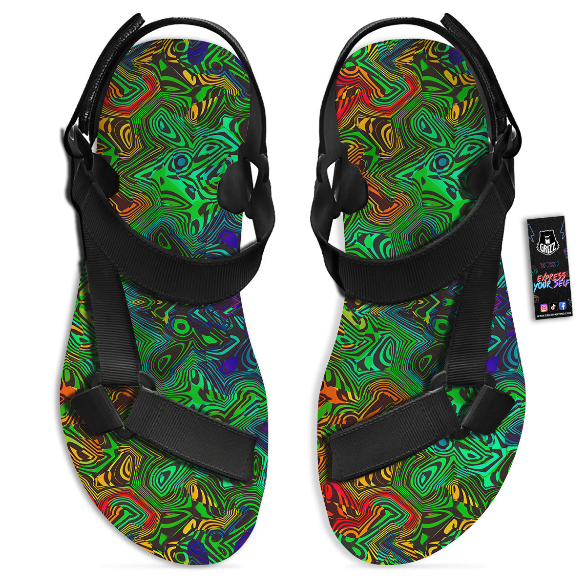Rave Psychedelic Print Pattern Black Open Toe Sandals-grizzshop