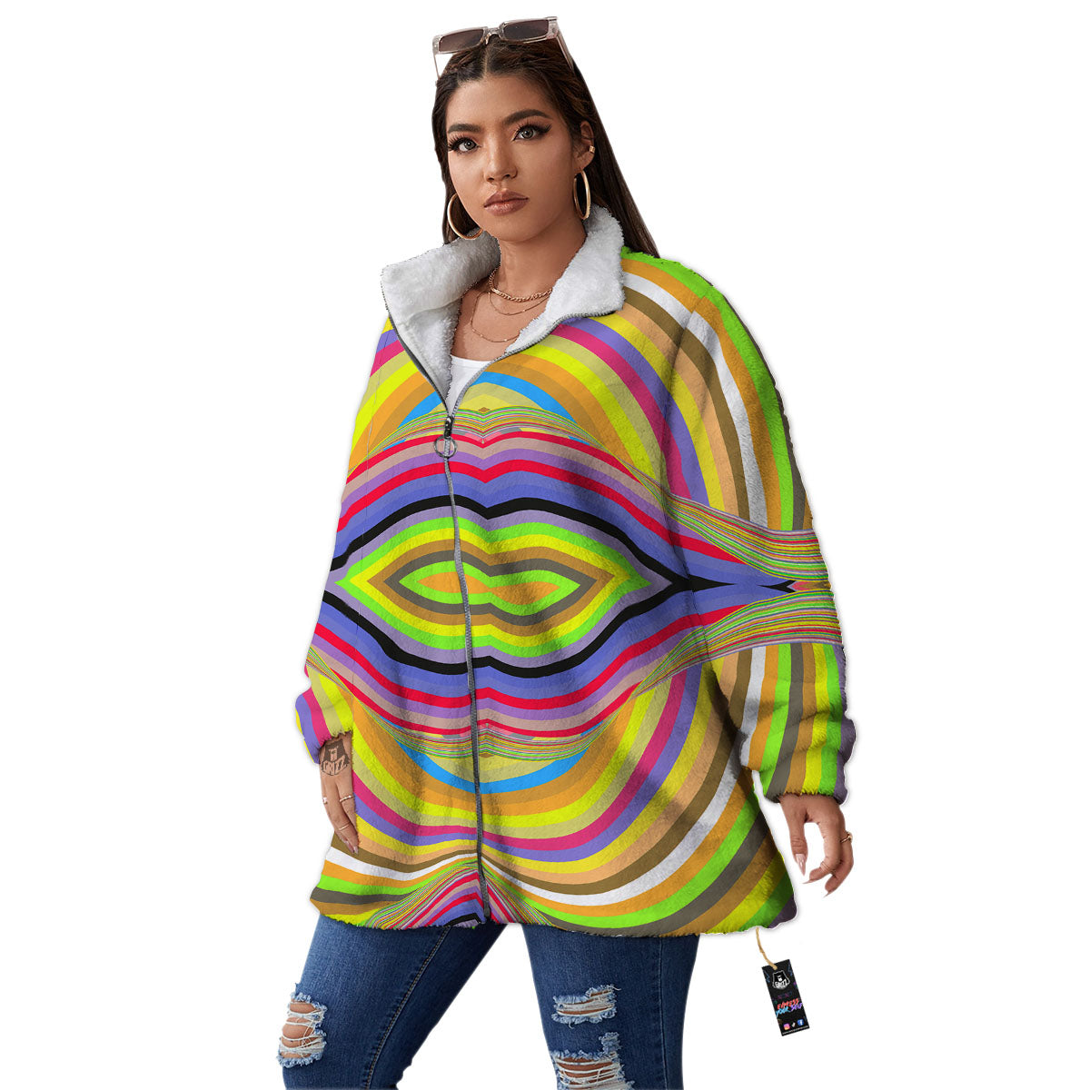 Rave Rainbow Print Pattern Women's Sherpa Jacket-grizzshop