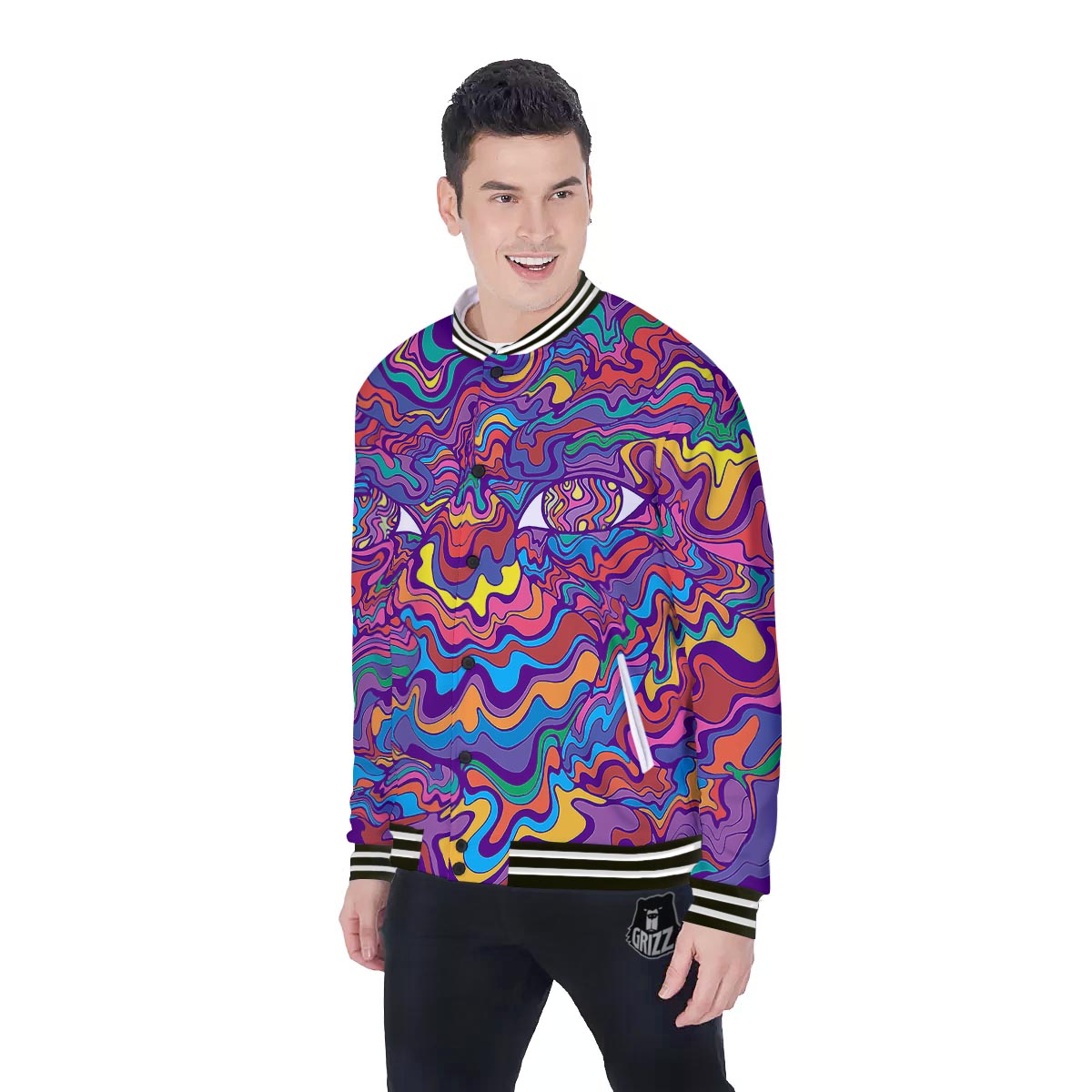 Rave Trippy Print Baseball Jacket-grizzshop