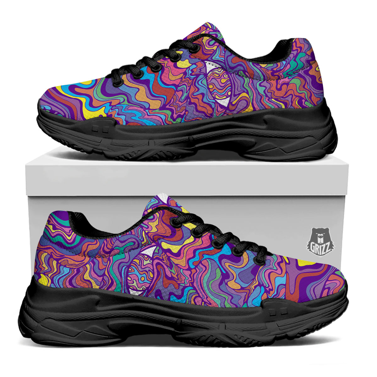 Rave Trippy Print Black Chunky Shoes-grizzshop