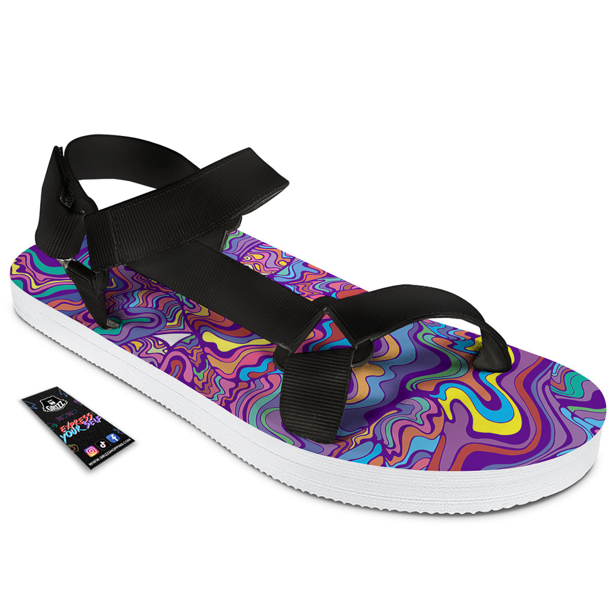 Rave Trippy Print Black Open Toe Sandals-grizzshop
