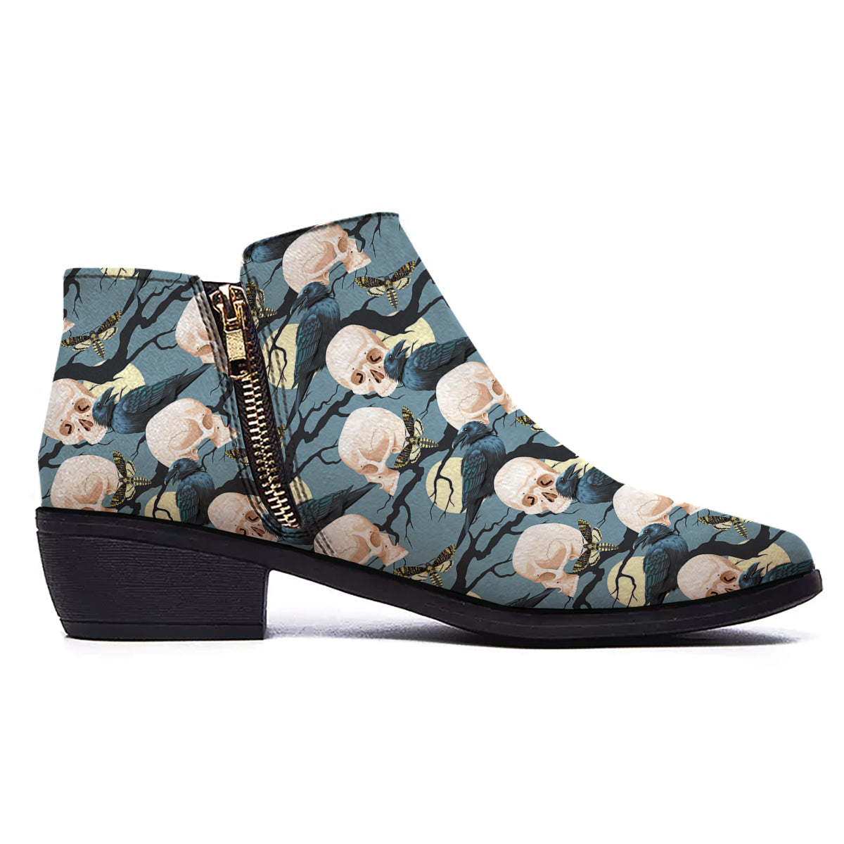 Raven Skull Print Pattern Ankle Boots-grizzshop