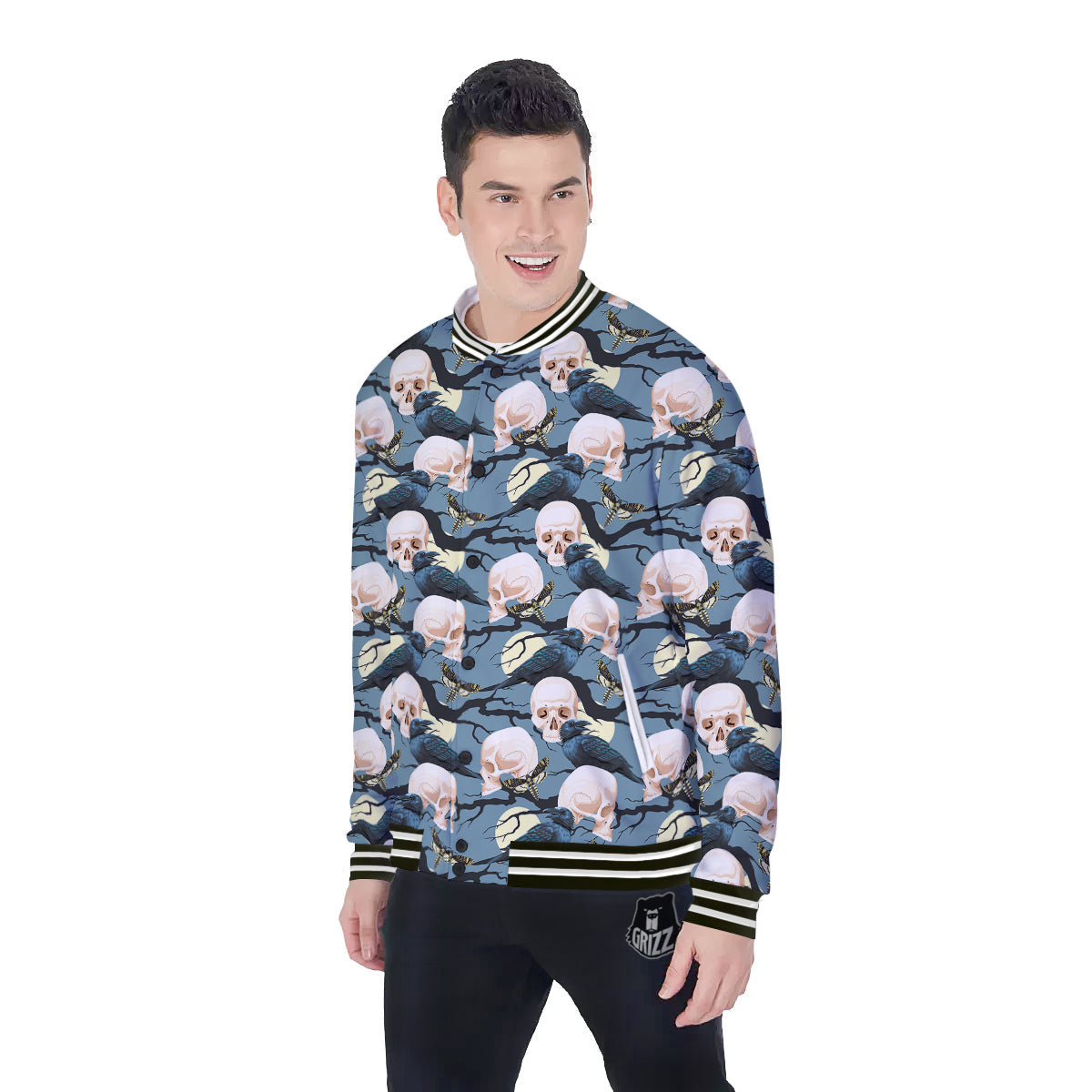 Raven Skull Print Pattern Baseball Jacket-grizzshop