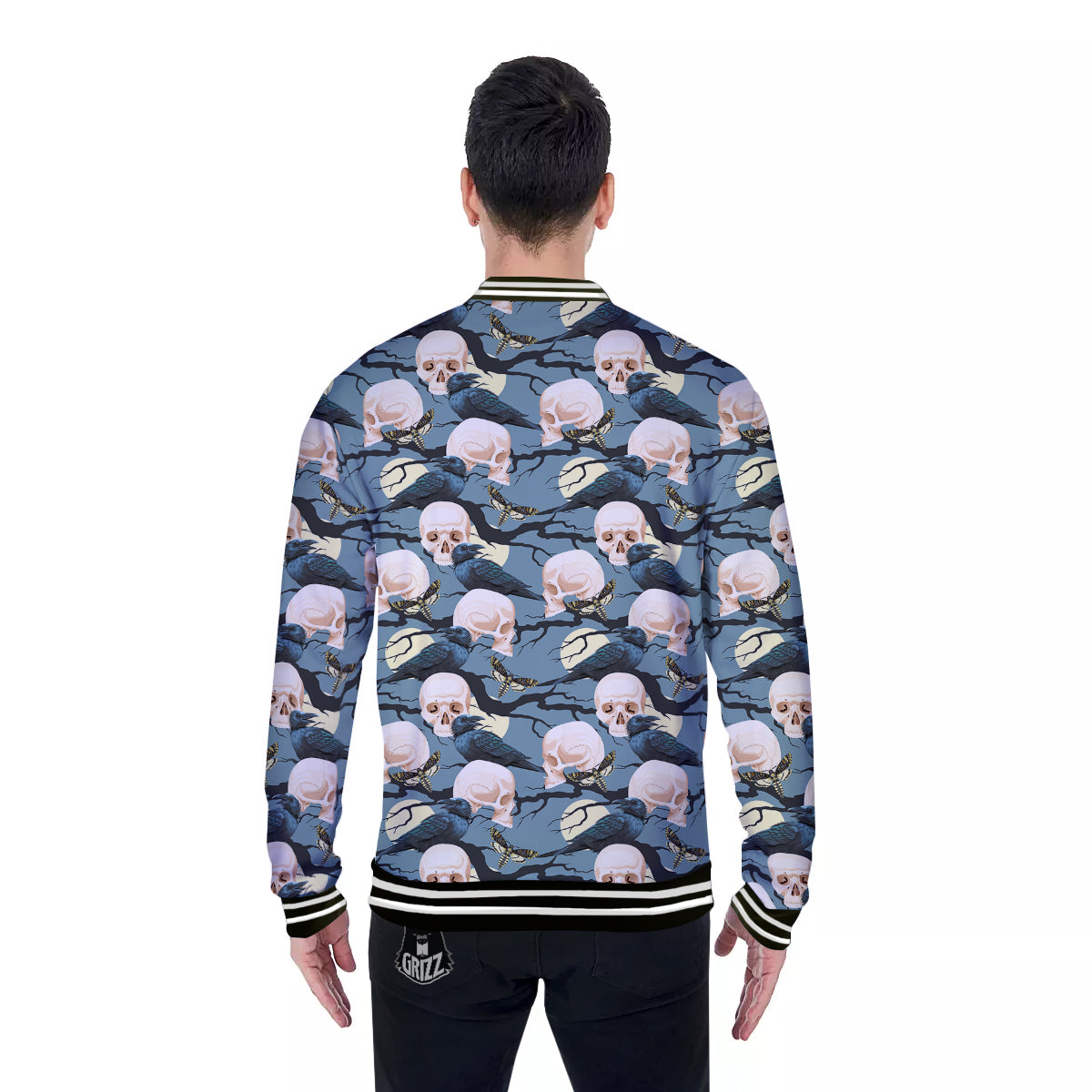 Raven Skull Print Pattern Baseball Jacket-grizzshop