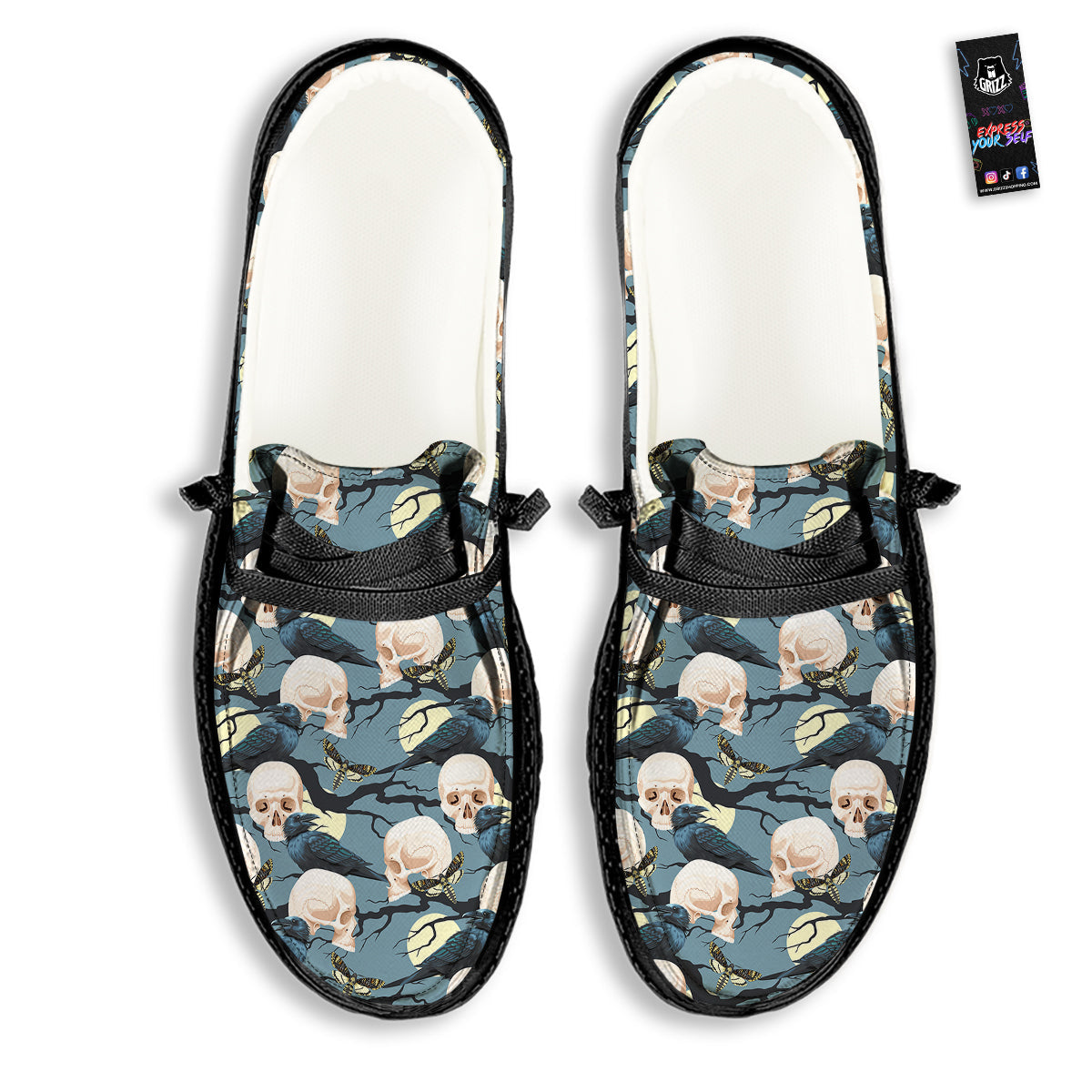 Raven Skull Print Pattern Black Loafers-grizzshop