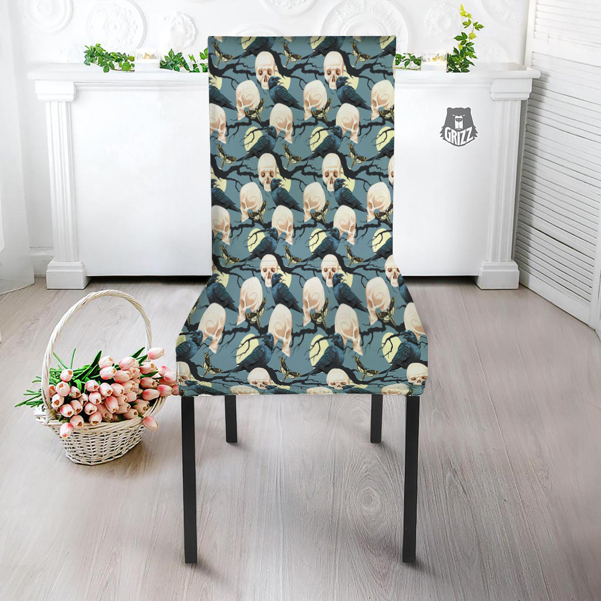 Raven Skull Print Pattern Dining Chair Slipcover-grizzshop