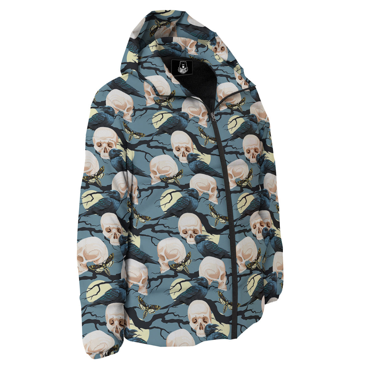 Raven Skull Print Pattern Down Jacket-grizzshop