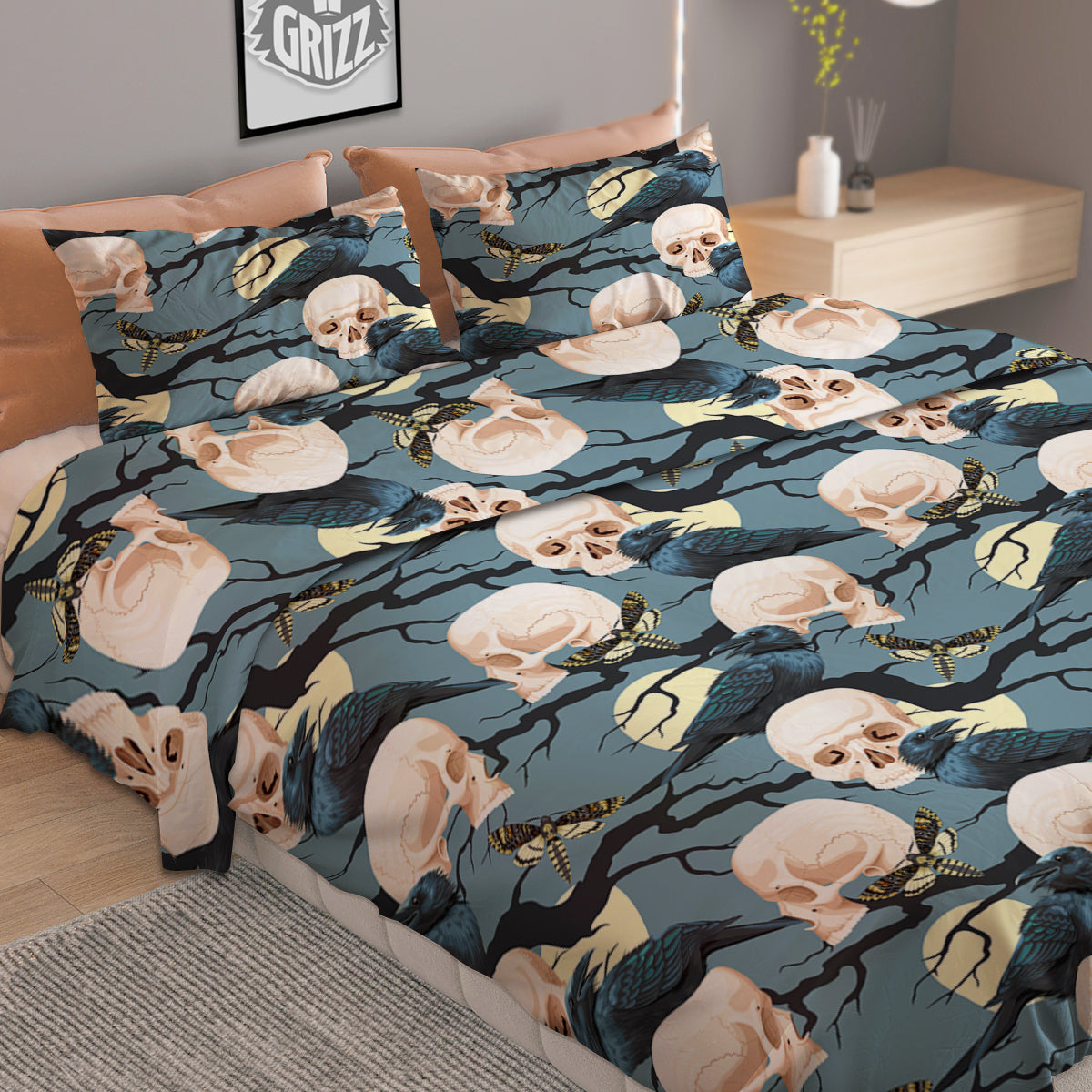 Raven Skull Print Pattern Duvet Cover Bedding Set