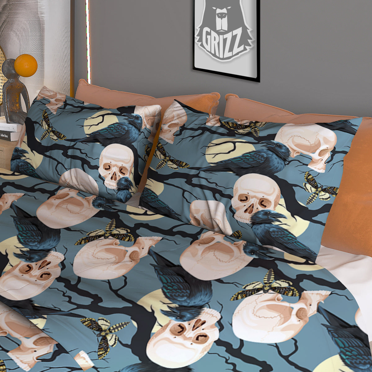 Raven Skull Print Pattern Duvet Cover Bedding Set