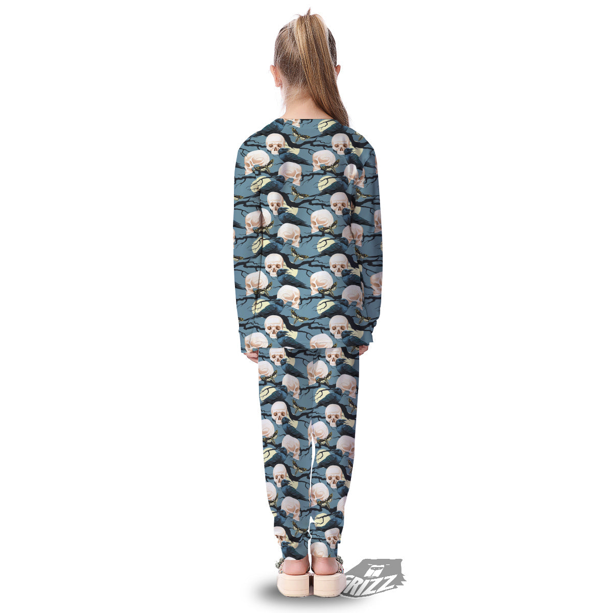 Raven Skull Print Pattern Kid's Pajamas-grizzshop