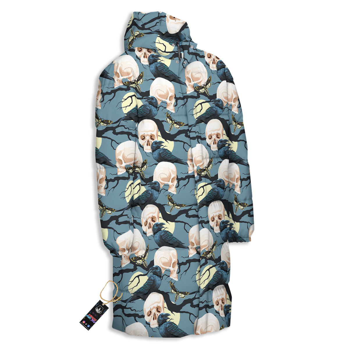 Raven Skull Print Pattern Long Down Jacket-grizzshop