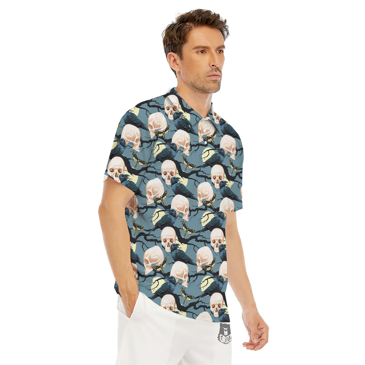 Raven Skull Print Pattern Men's Golf Shirts-grizzshop