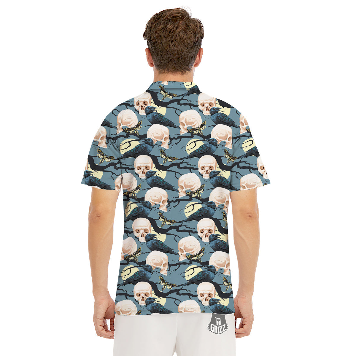 Raven Skull Print Pattern Men's Golf Shirts-grizzshop