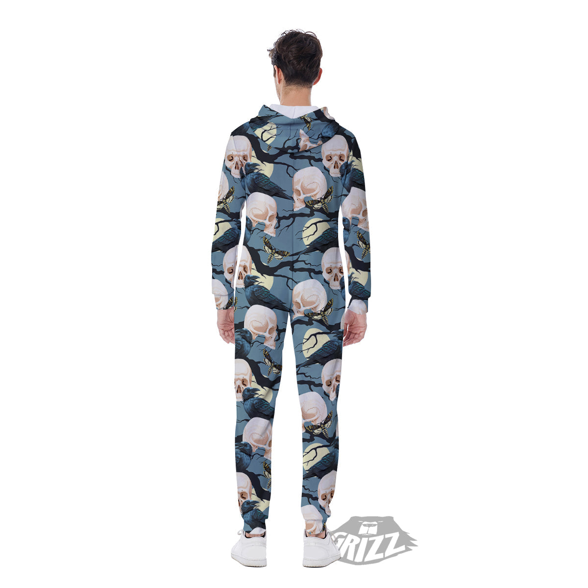 Raven Skull Print Pattern Men's Jumpsuit-grizzshop