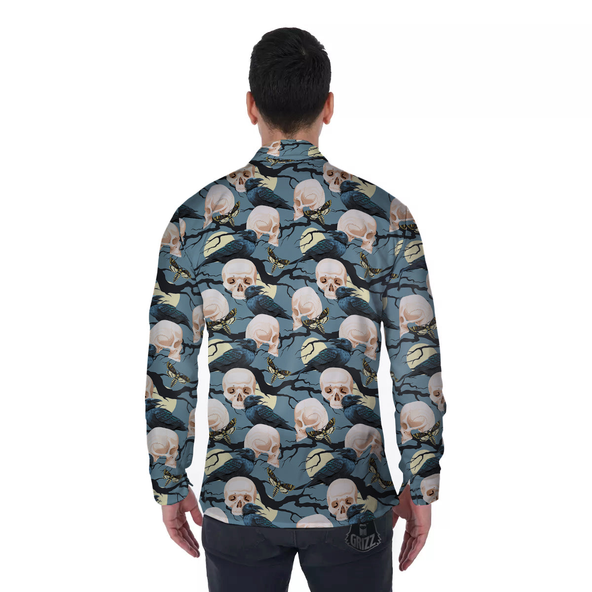Raven Skull Print Pattern Men's Long Sleeve Shirts-grizzshop