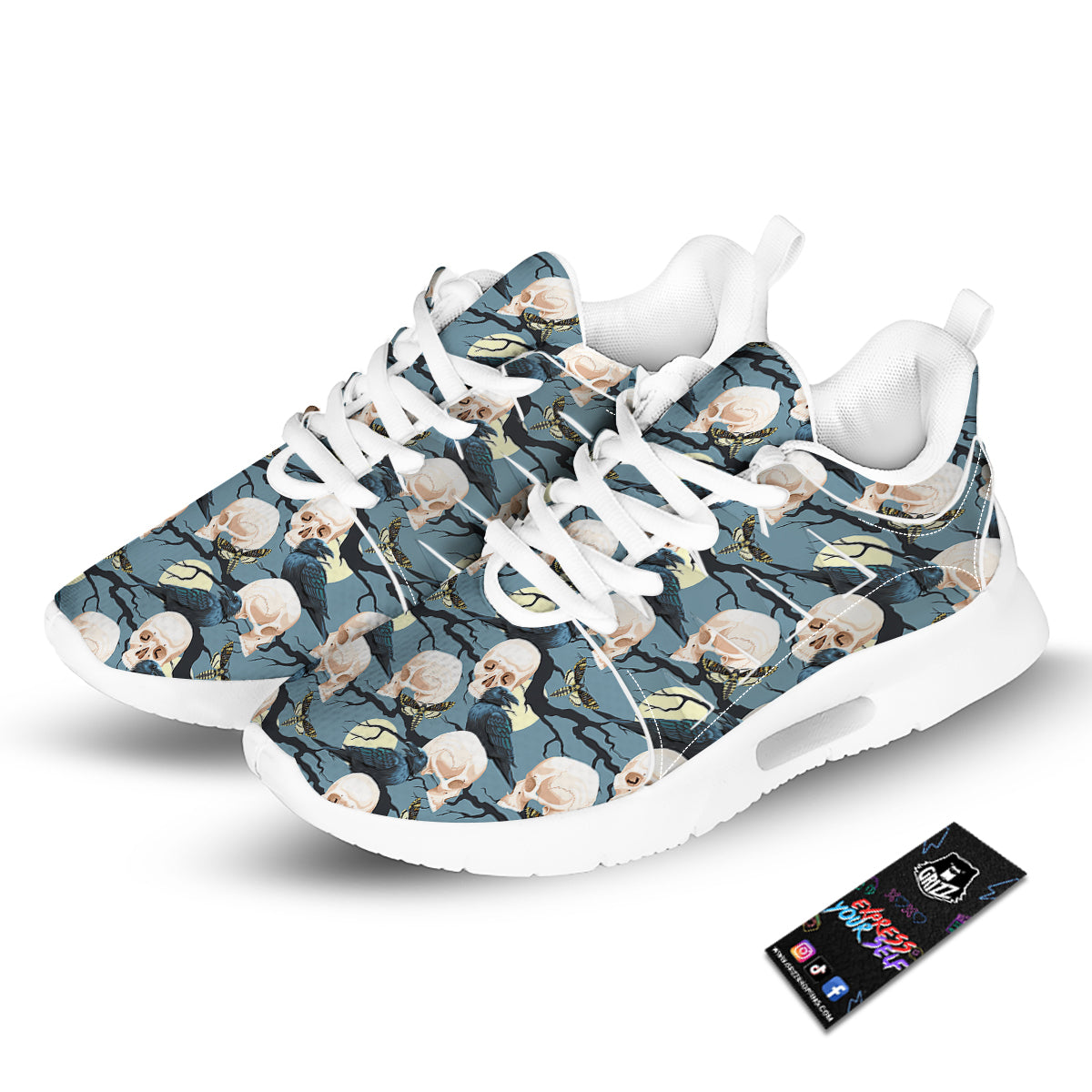 Raven Skull Print Pattern Tennis Shoes-grizzshop