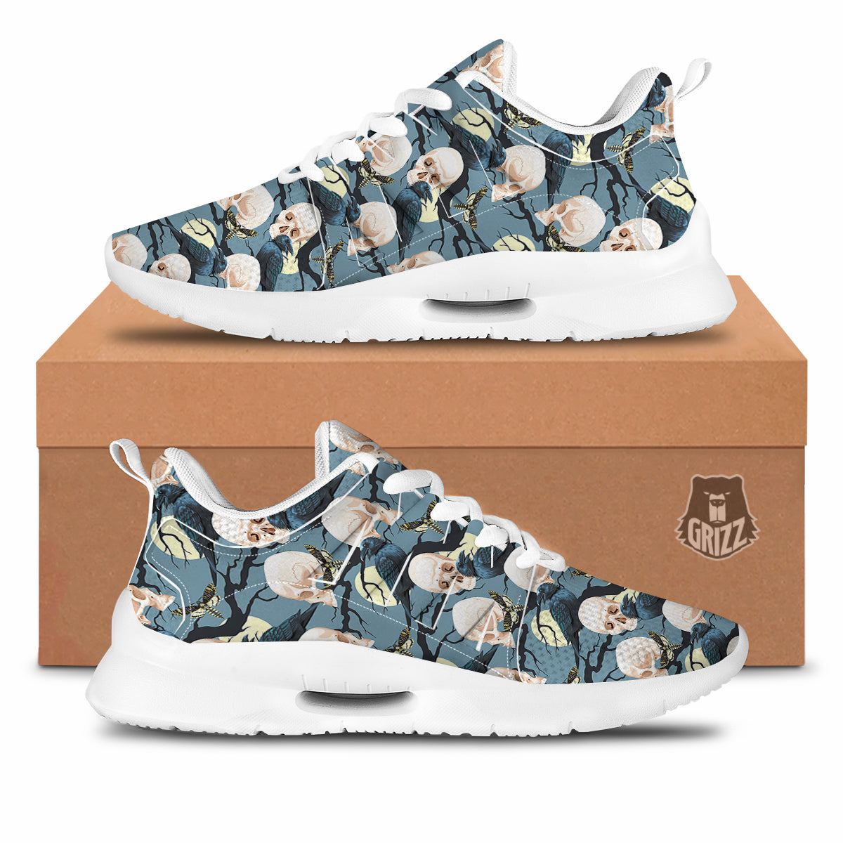 Raven Skull Print Pattern Tennis Shoes-grizzshop