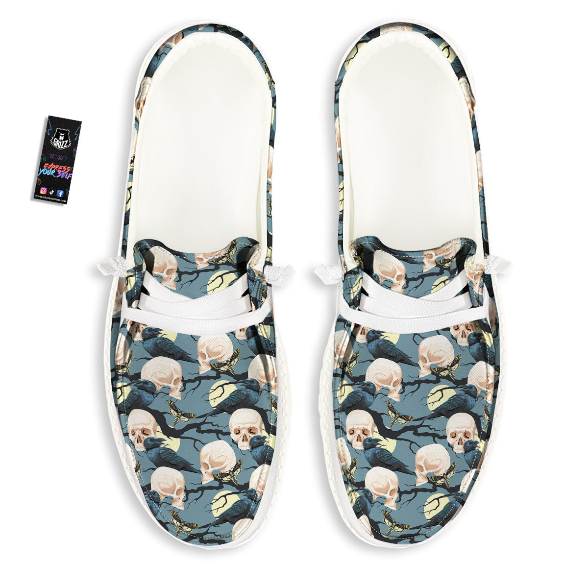 Raven Skull Print Pattern White Loafers-grizzshop