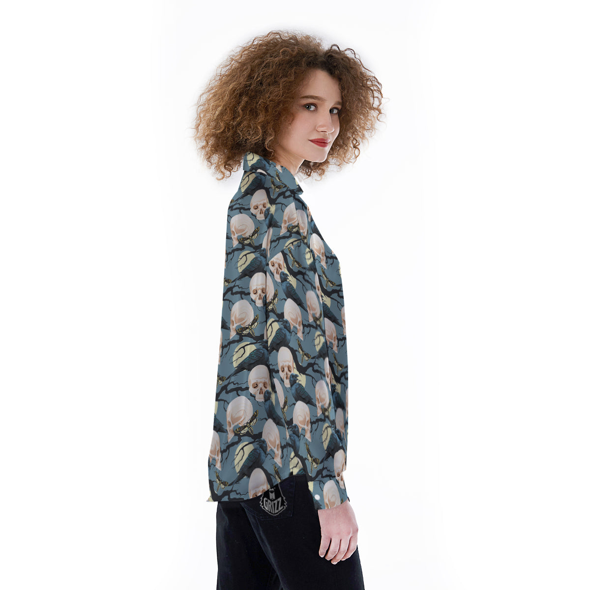 Raven Skull Print Pattern Women's Long Sleeve Shirts-grizzshop