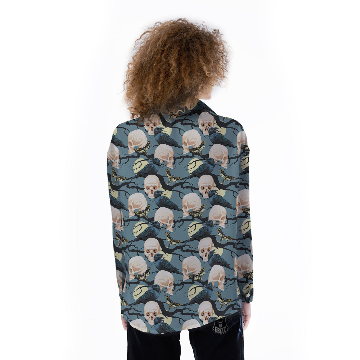 Raven Skull Print Pattern Women's Long Sleeve Shirts-grizzshop