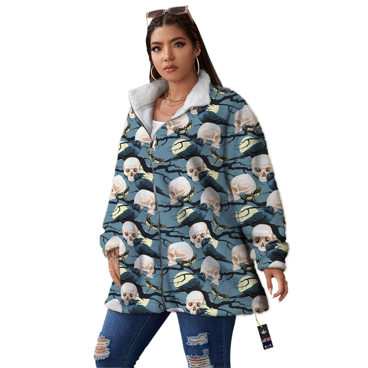 Raven Skull Print Pattern Women's Sherpa Jacket-grizzshop