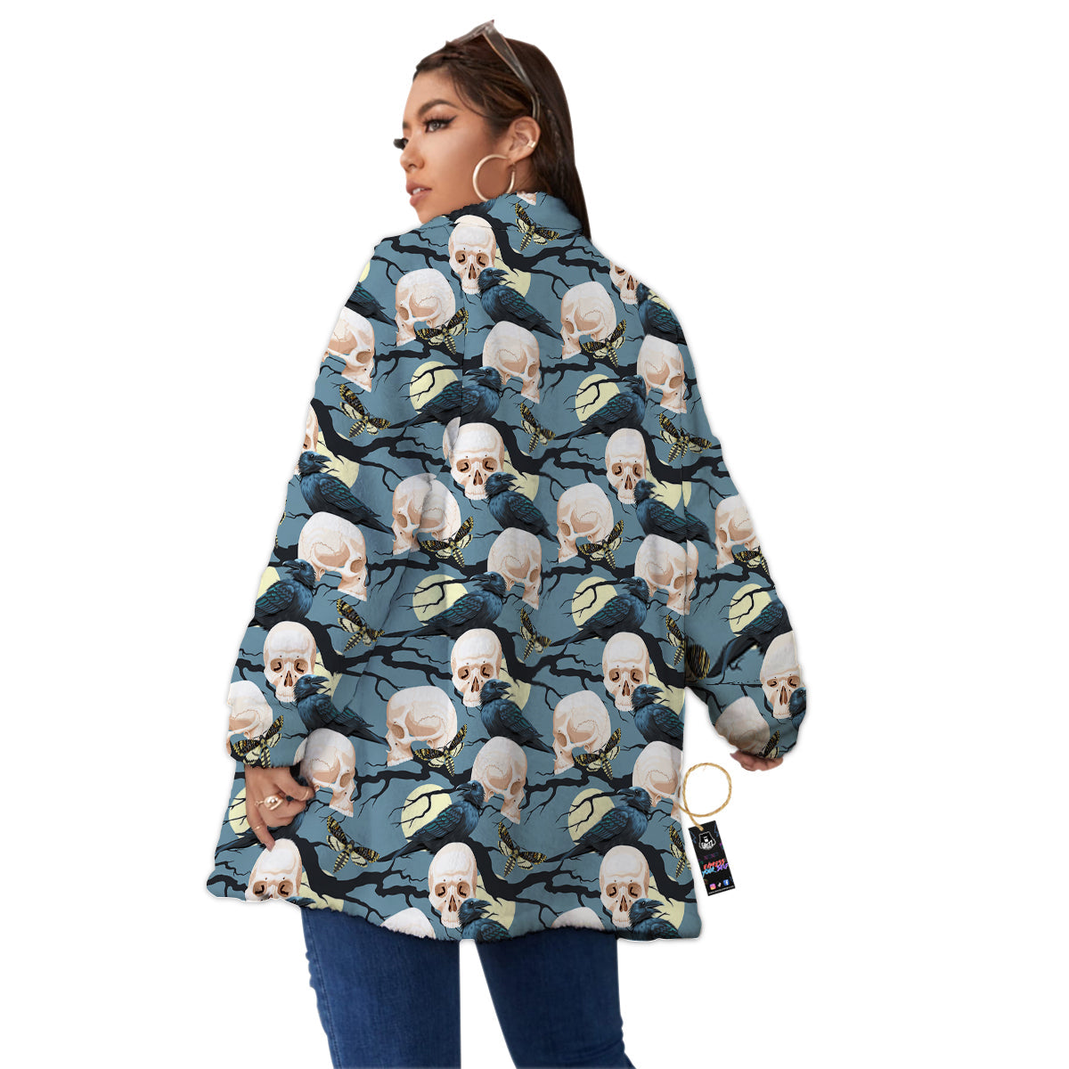 Raven Skull Print Pattern Women's Sherpa Jacket-grizzshop