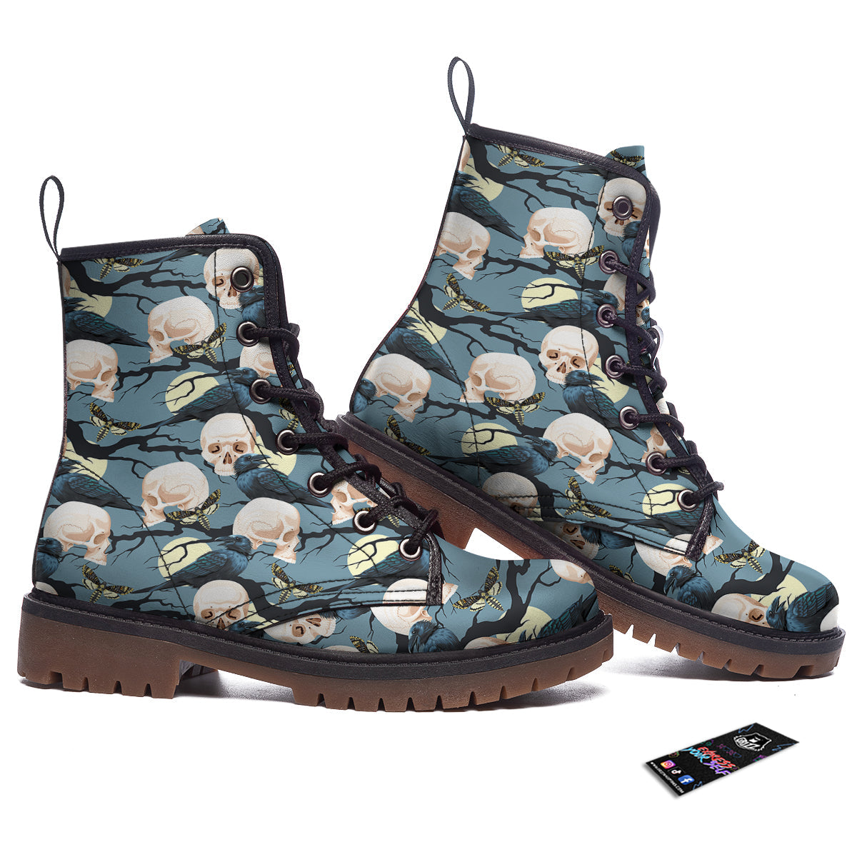 Raven Skull Print Pattern Work Boots-grizzshop