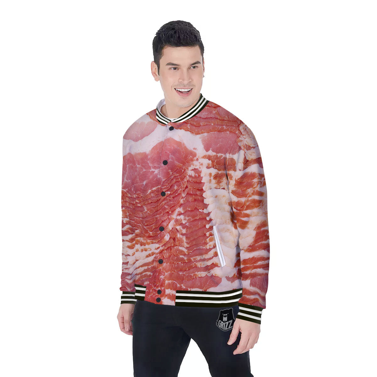 Raw Bacon Print Baseball Jacket-grizzshop