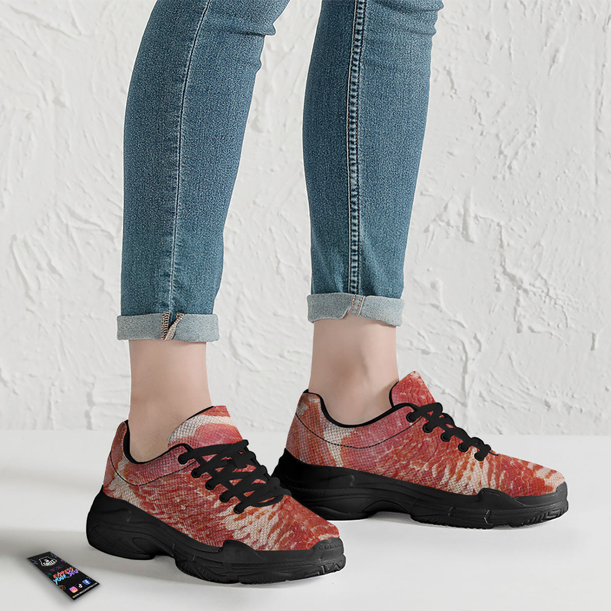 Raw Bacon Print Black Chunky Shoes-grizzshop