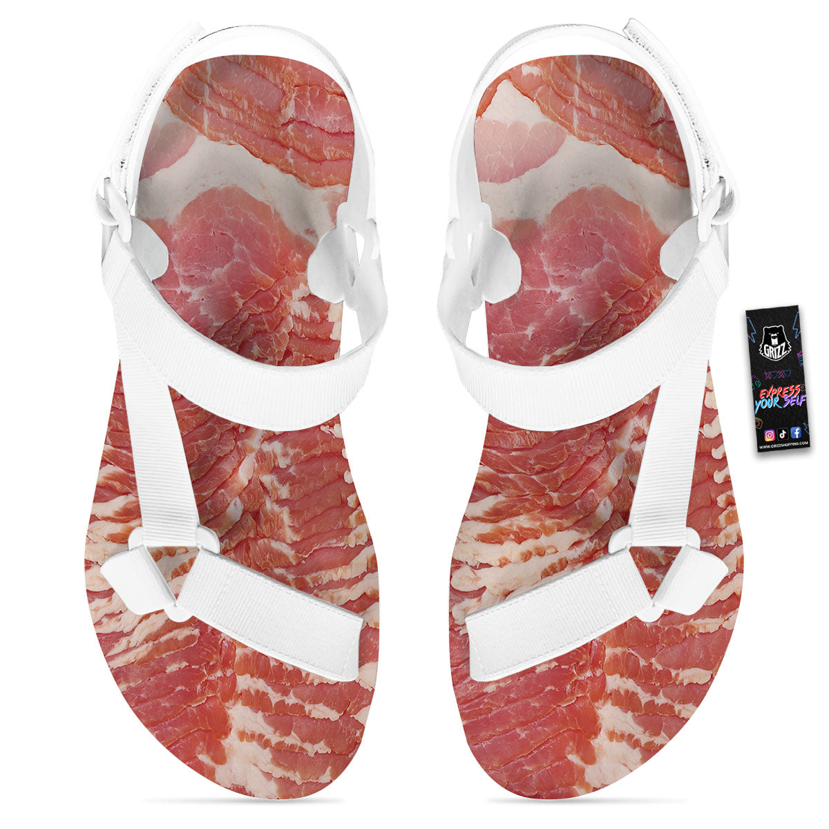 Raw Bacon Print White Open Toe Sandals-grizzshop