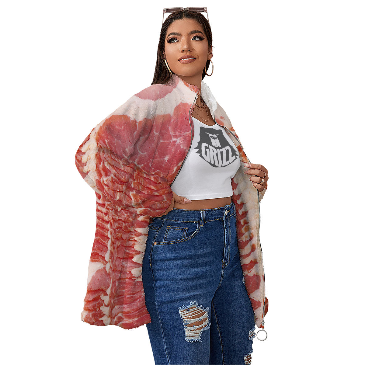 Raw Bacon Print Women's Sherpa Jacket-grizzshop