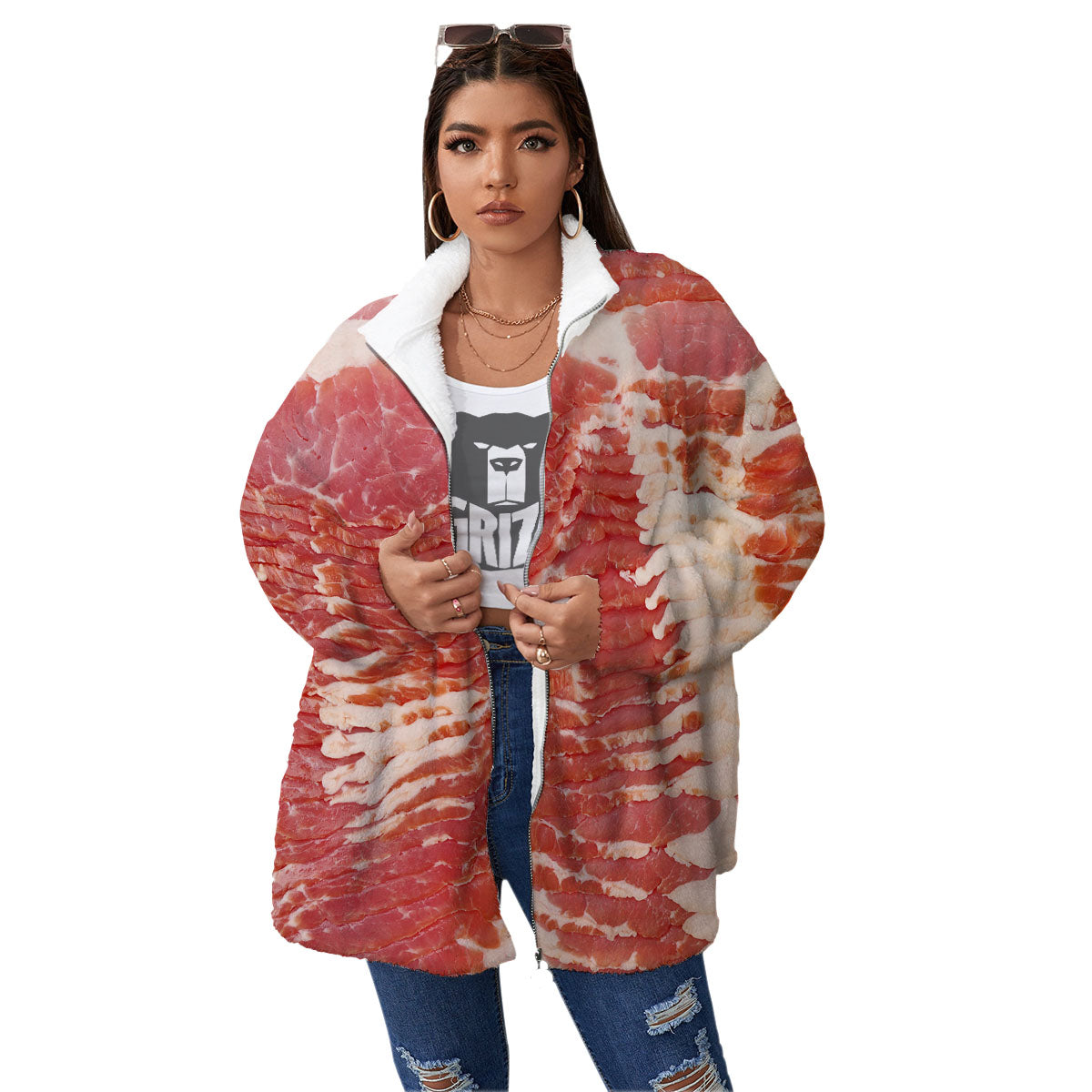 Raw Bacon Print Women's Sherpa Jacket-grizzshop
