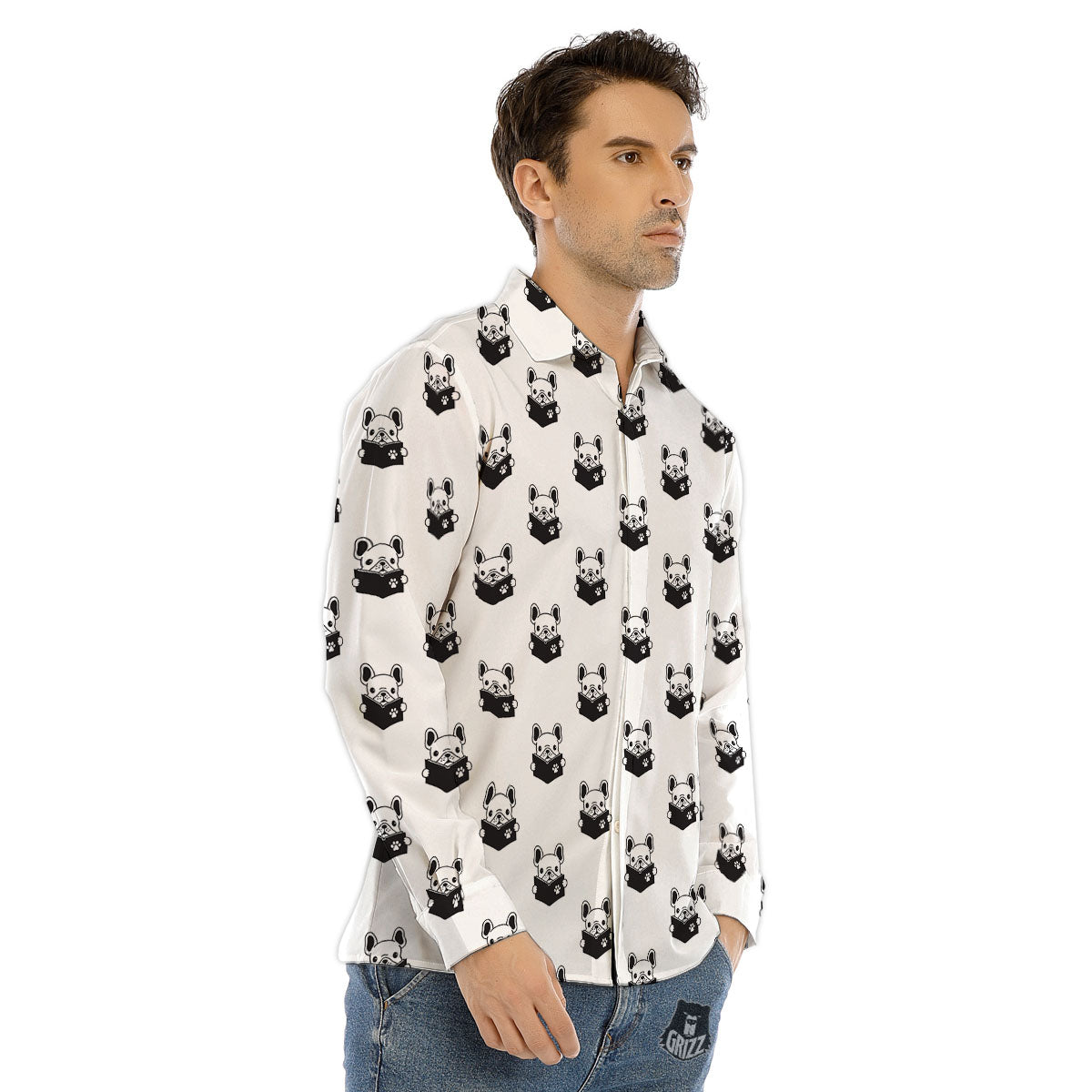 Reading Book French Bulldog Print Men's Dress Shirts-grizzshop
