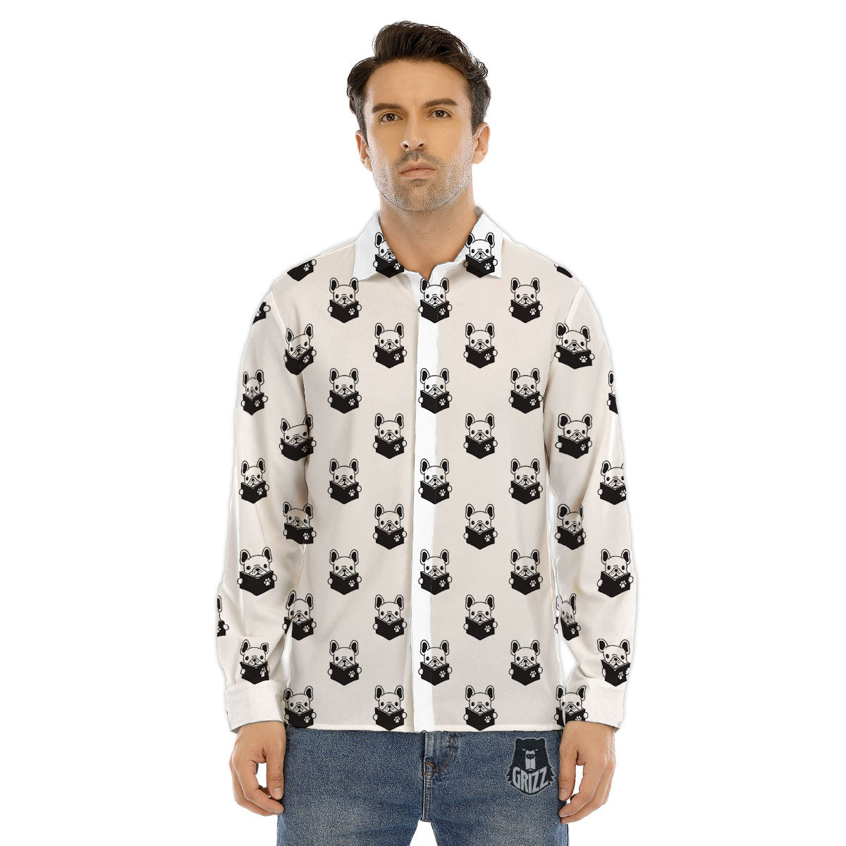 Reading Book French Bulldog Print Men's Dress Shirts-grizzshop