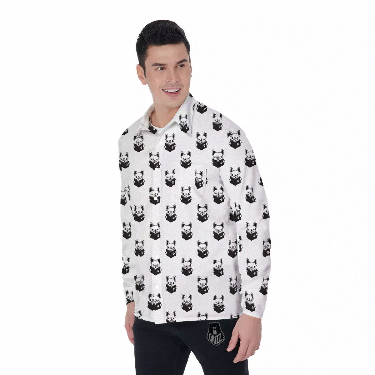 Reading Book French Bulldog Print Men's Long Sleeve Shirts-grizzshop