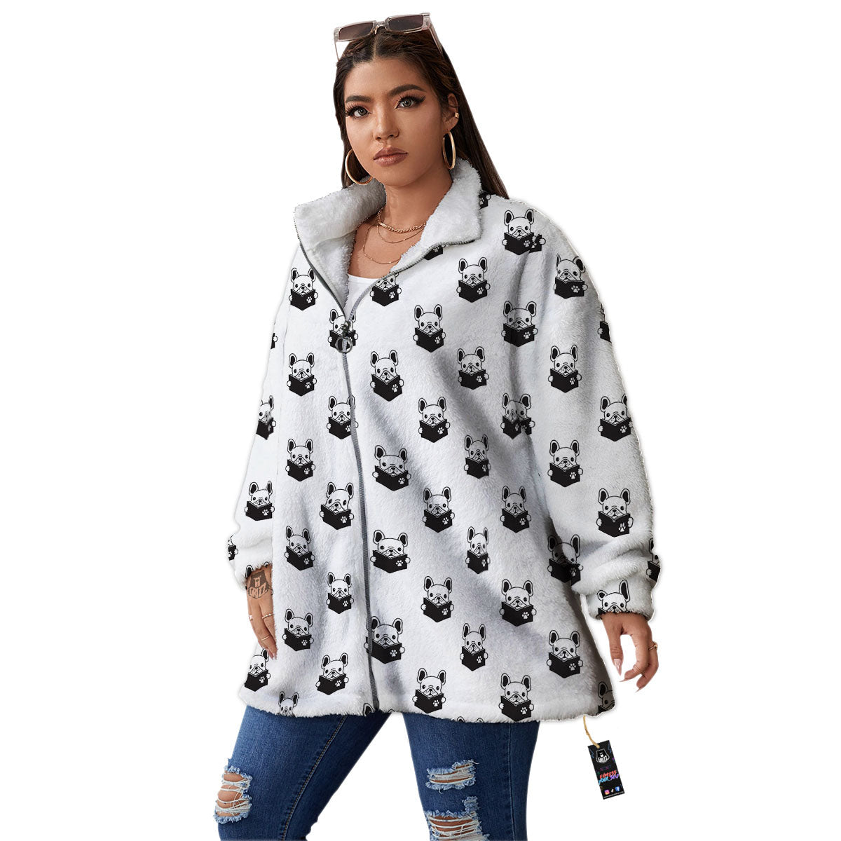 Reading Book French Bulldog Print Women's Sherpa Jacket-grizzshop